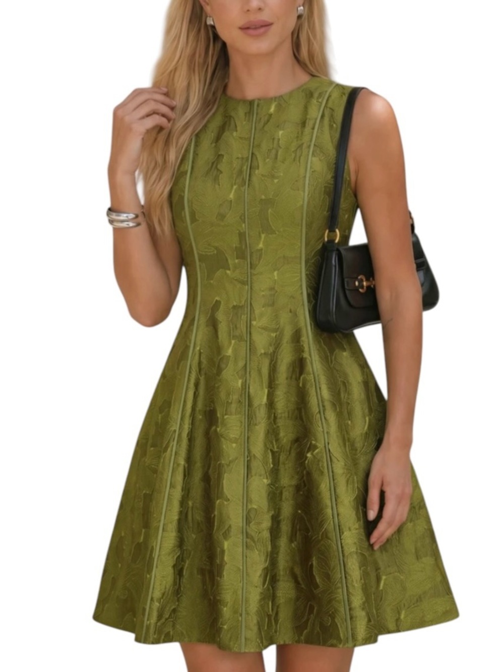 Commense Olive Green Floral Jacquard Flared Mini Dress Medium NWT